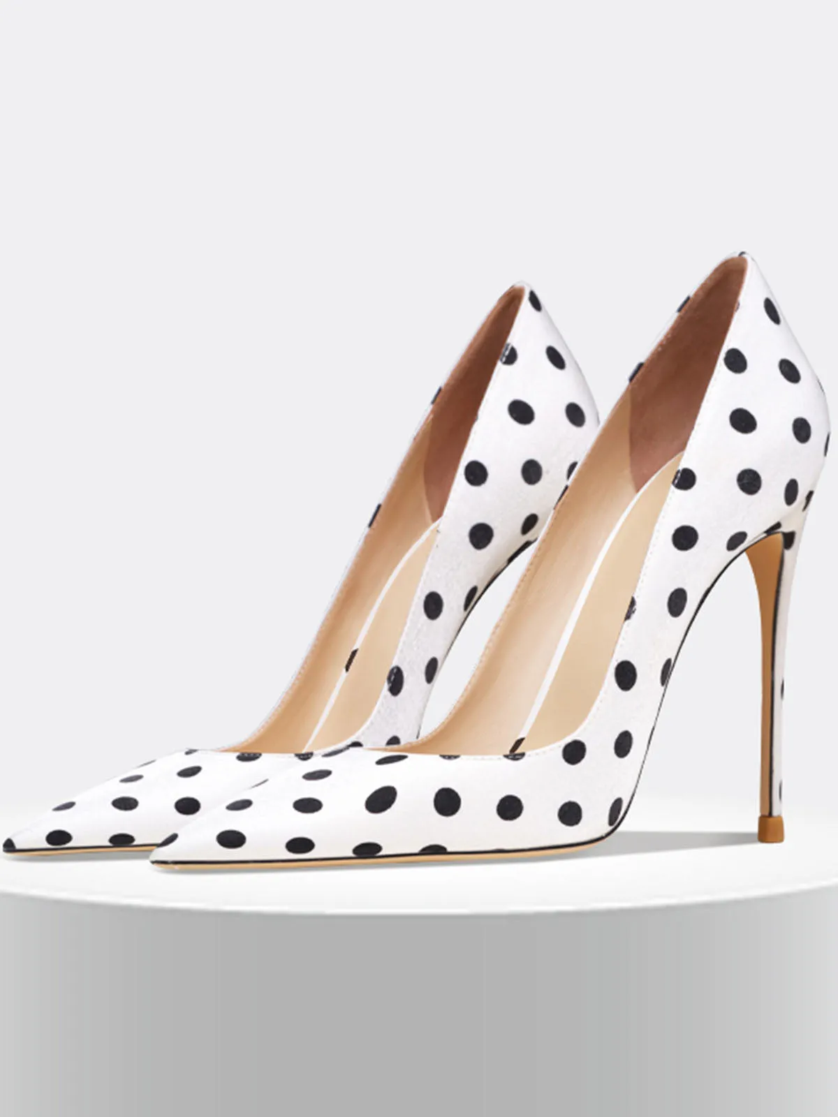 12cm Height Women's White Polka dot Pointed Toe PU Leather Heels