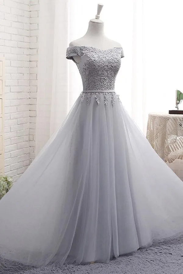 A-Line Gray Off The Shoulder Tulle Lace-Up Sweetheart Prom Dress PG494