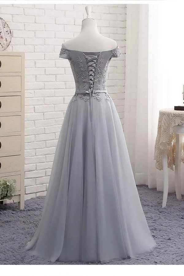 A-Line Gray Off The Shoulder Tulle Lace-Up Sweetheart Prom Dress PG494