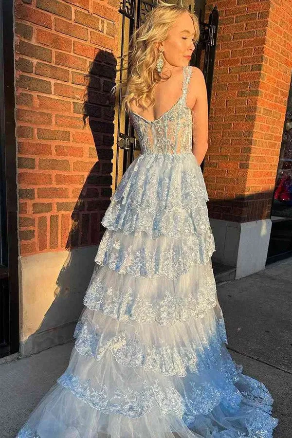 A Line Lace Tiered Stunning Prom Dress Evening Dress With Split PSK456