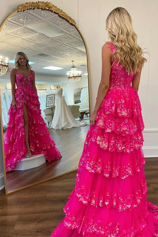 A Line Lace Tiered Stunning Prom Dress Evening Dress With Split PSK456