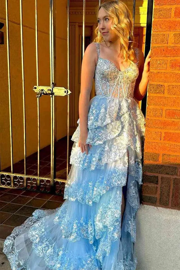 A Line Lace Tiered Stunning Prom Dress Evening Dress With Split PSK456