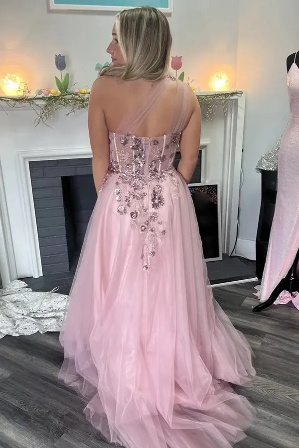 A-Line One Shoulder Appliques Tulle Pink Long Prom Dress PSK584