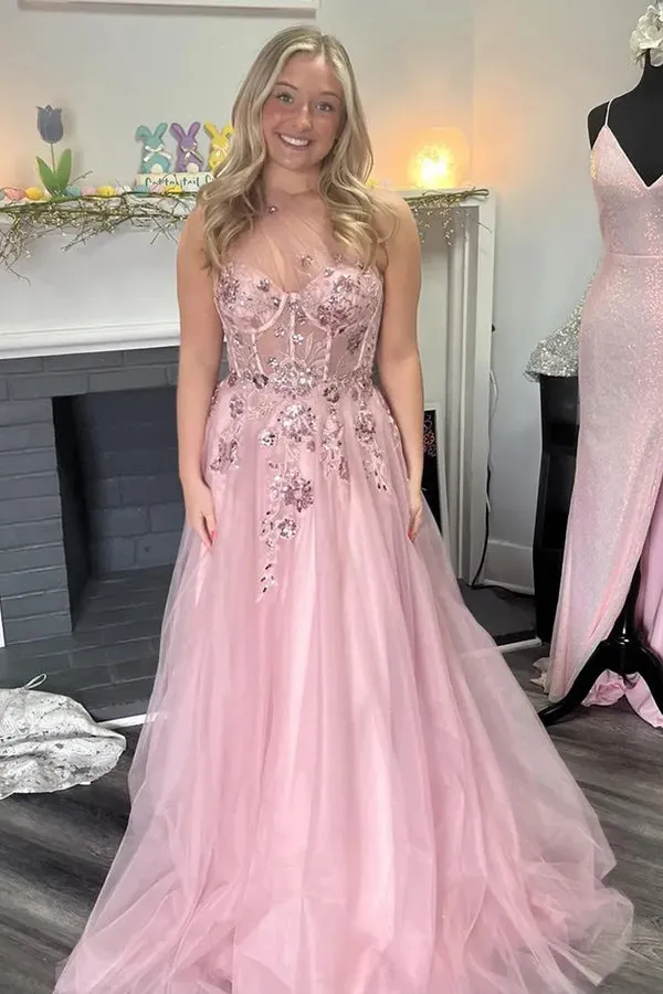 A-Line One Shoulder Appliques Tulle Pink Long Prom Dress PSK584