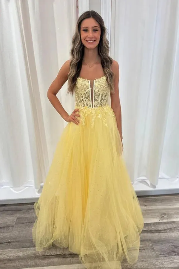 A Line V Neck Backless Yellow Lace Long Prom Dresses PSK552