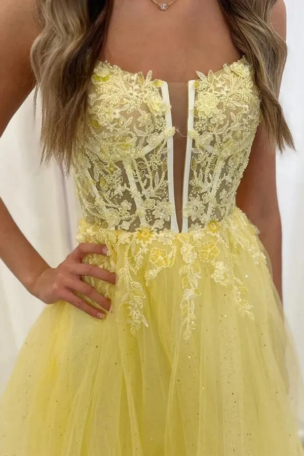 A Line V Neck Backless Yellow Lace Long Prom Dresses PSK552