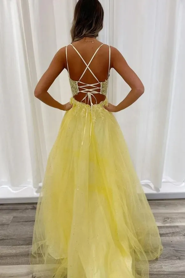 A Line V Neck Backless Yellow Lace Long Prom Dresses PSK552