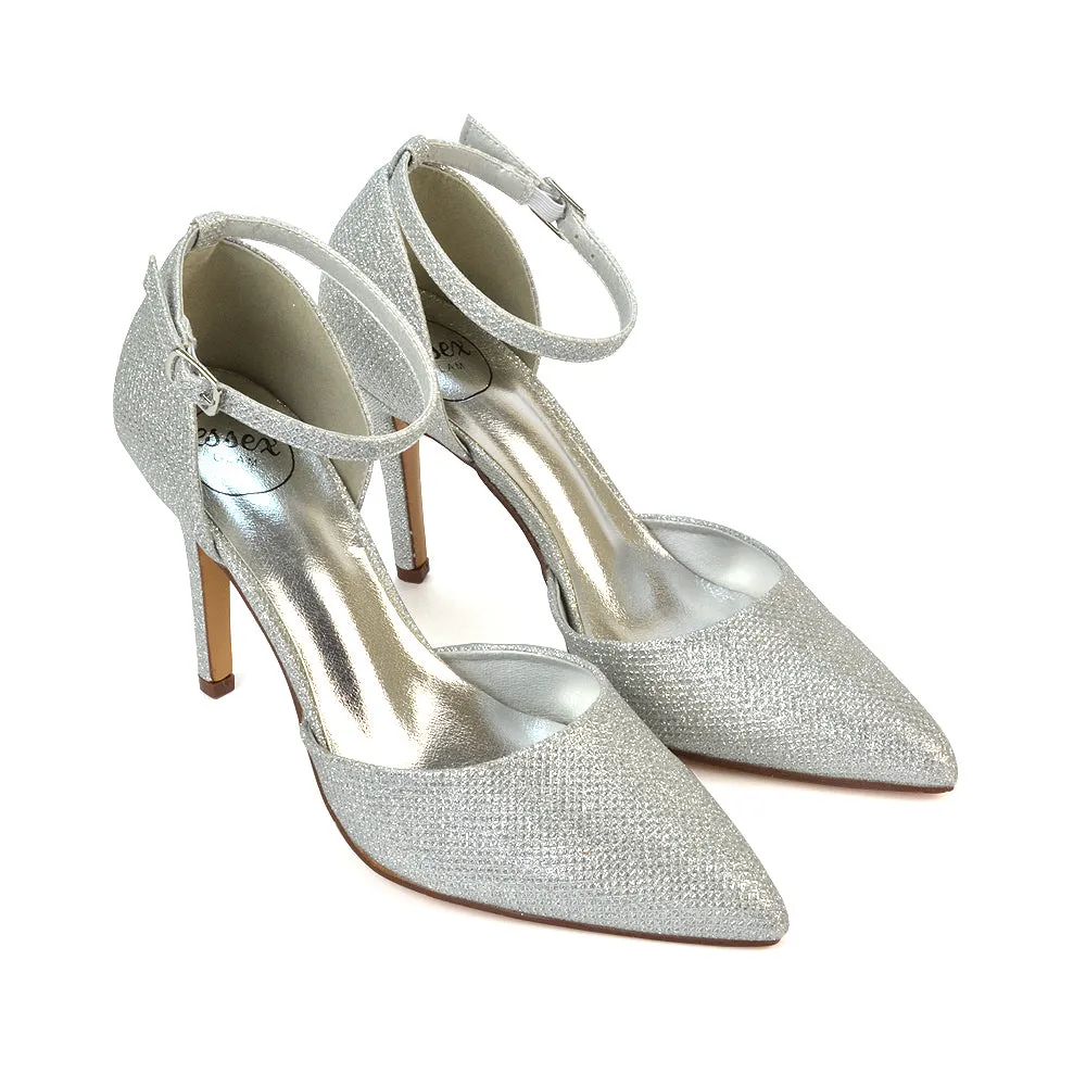 Ami High Heel Stilettos Pointed Toe Strappy Court Shoes in Silver Glitter