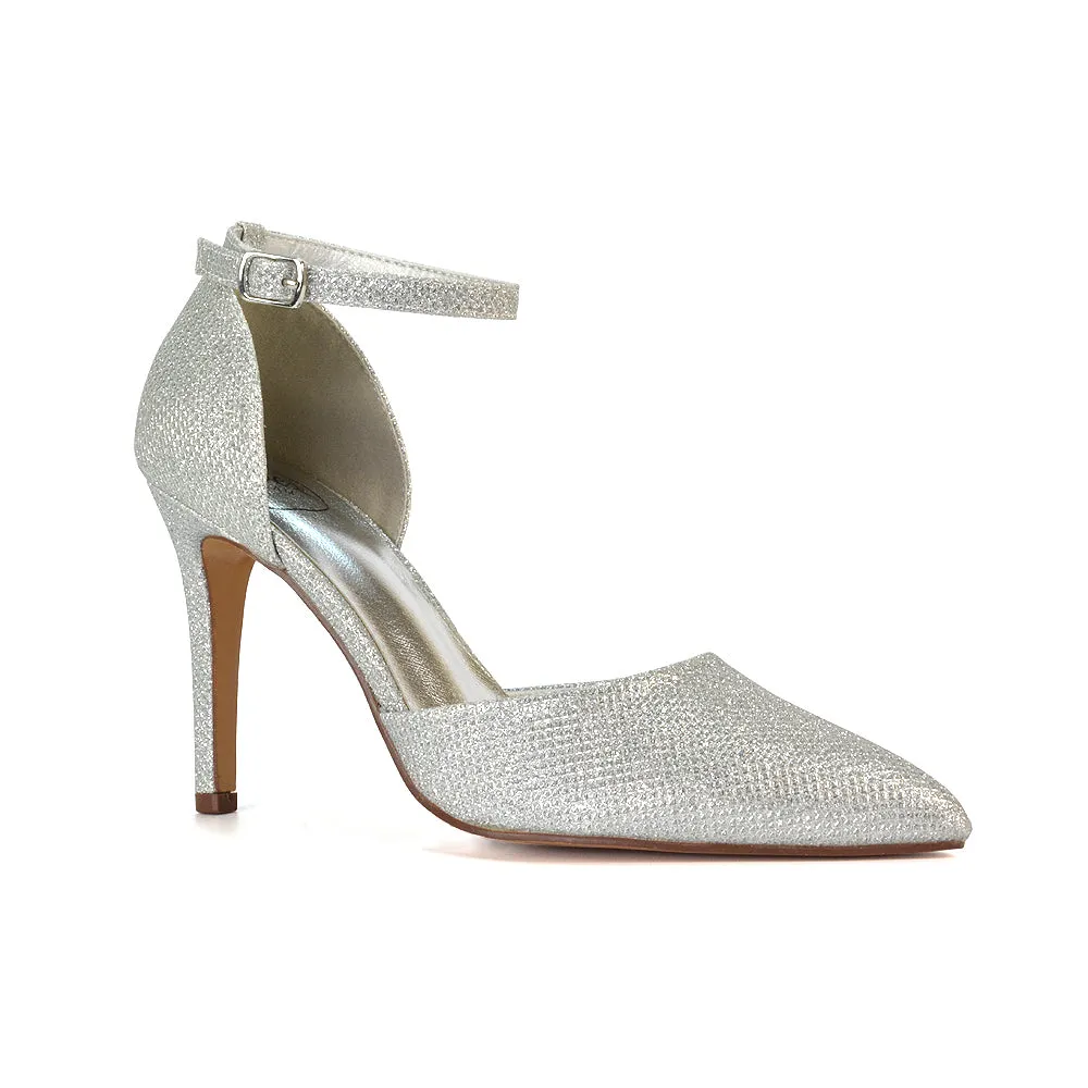 Ami High Heel Stilettos Pointed Toe Strappy Court Shoes in Silver Glitter