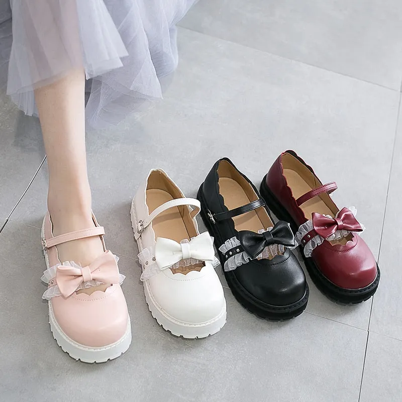 Amozae japanese sweet lolita shoes pink white red black bow Harajuku heels women cute shoes korean women shoes round head kawaii shoes