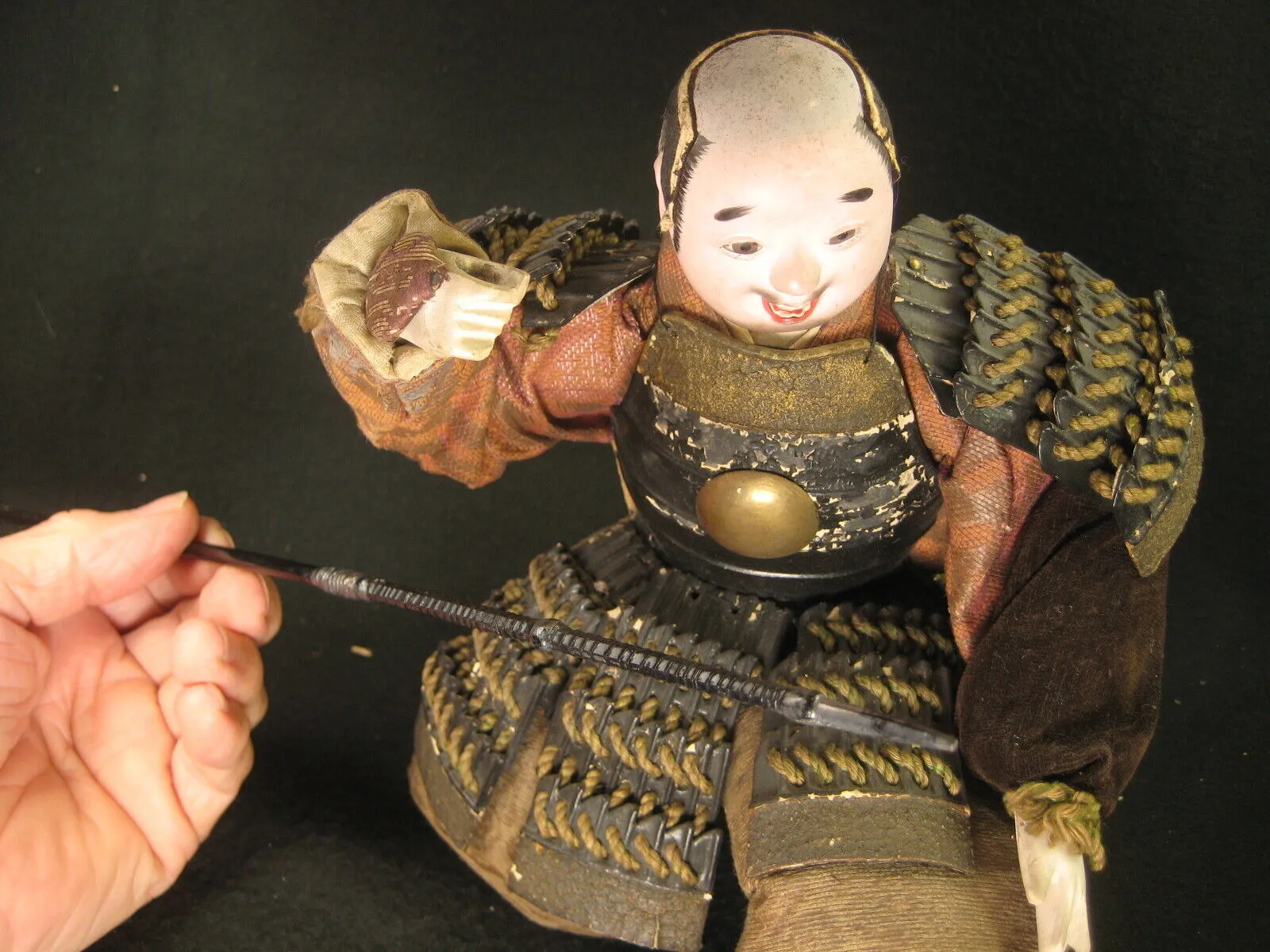 Antique Japanese Meiji Era Samurai Warrior Doll Wooden Gofun Face Full Armor