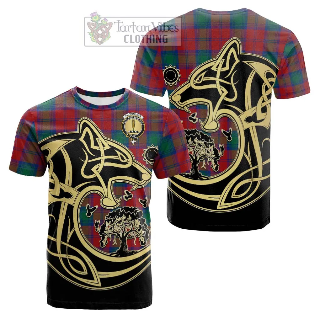 Auchinleck (Affleck) Tartan Cotton T-shirt with Family Crest Celtic Wolf Style