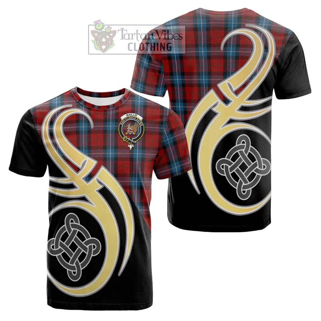 Baillie of Polkemmet Red Tartan Cotton T-shirt with Family Crest and Celtic Symbol Style