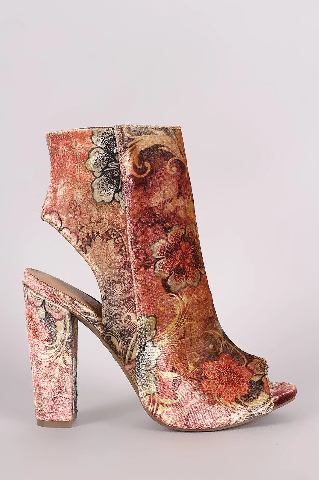 Bamboo Floral Velvet Peep Toe Chunky Heeled Booties