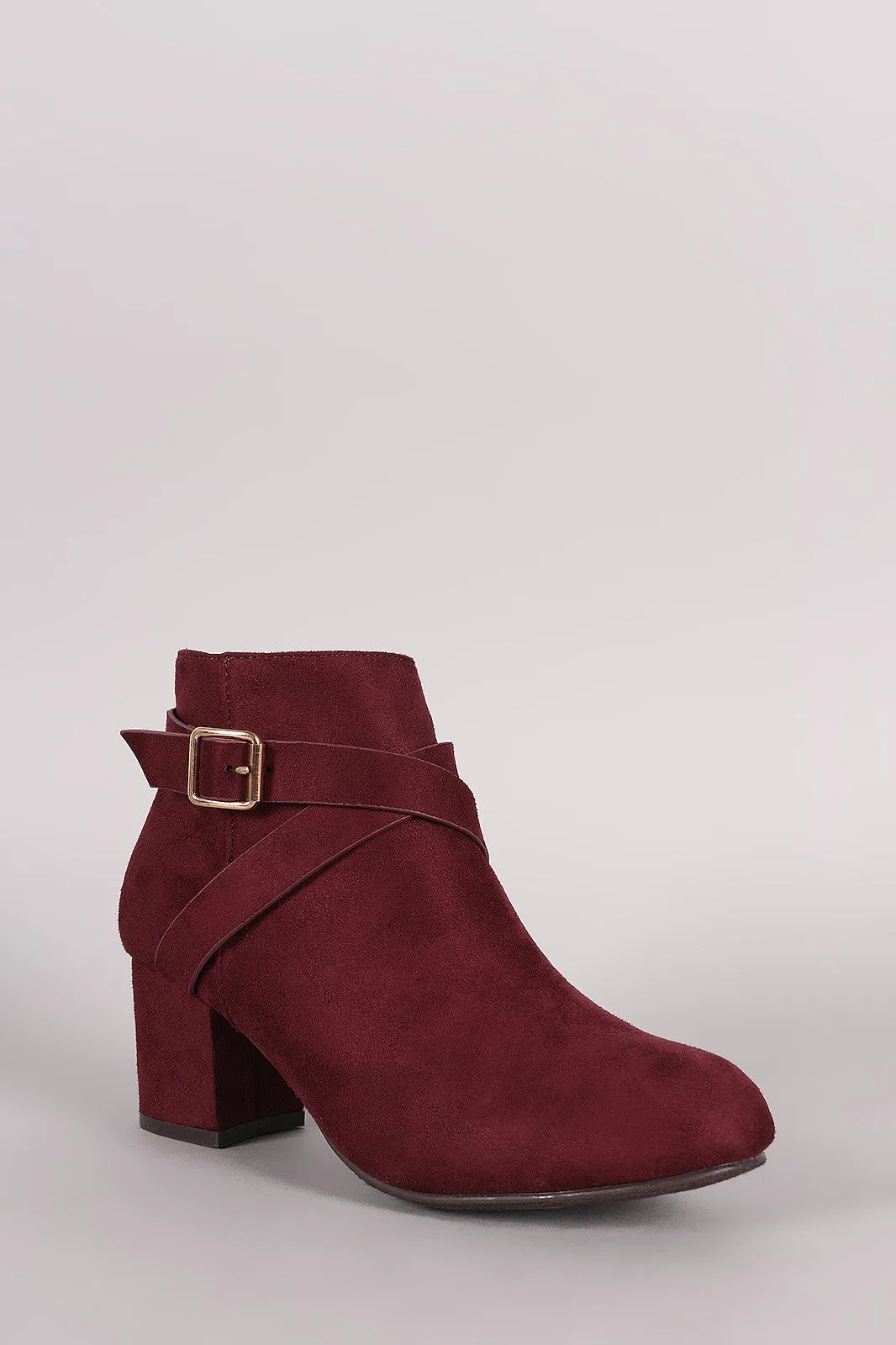 Bamboo Suede Crisscross Buckle Strap Block Heeled Booties