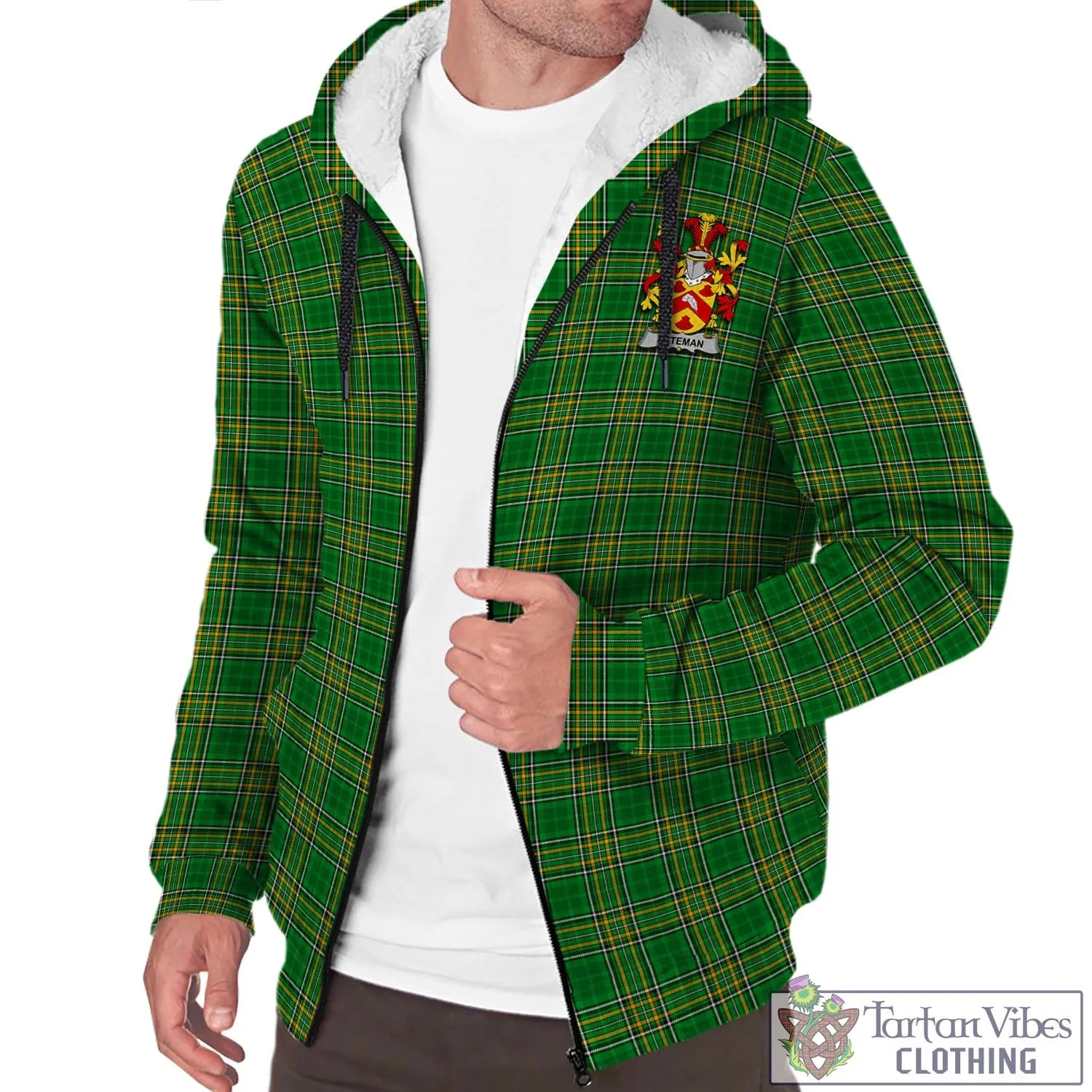 Bateman Irish Clan Tartan Sherpa Hoodie with Coat of Arms