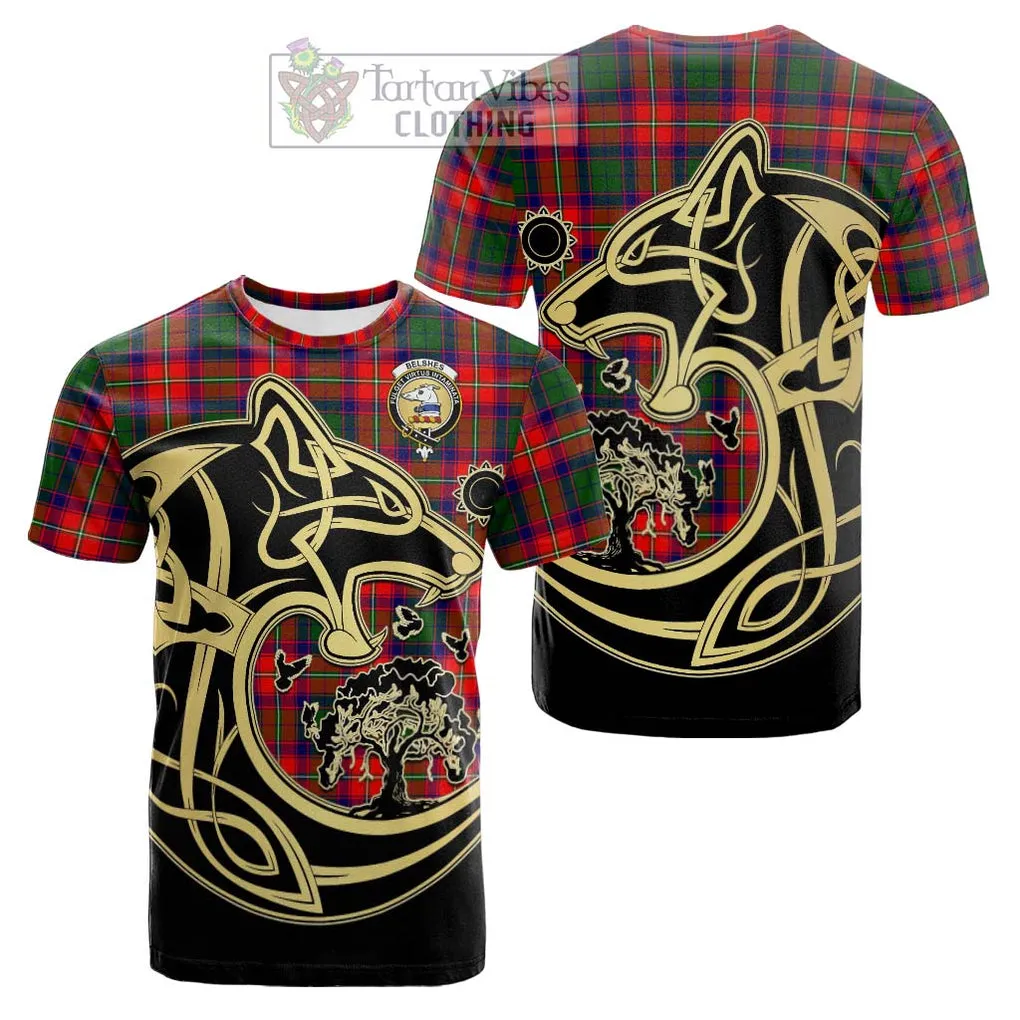 Belshes Tartan Cotton T-shirt with Family Crest Celtic Wolf Style