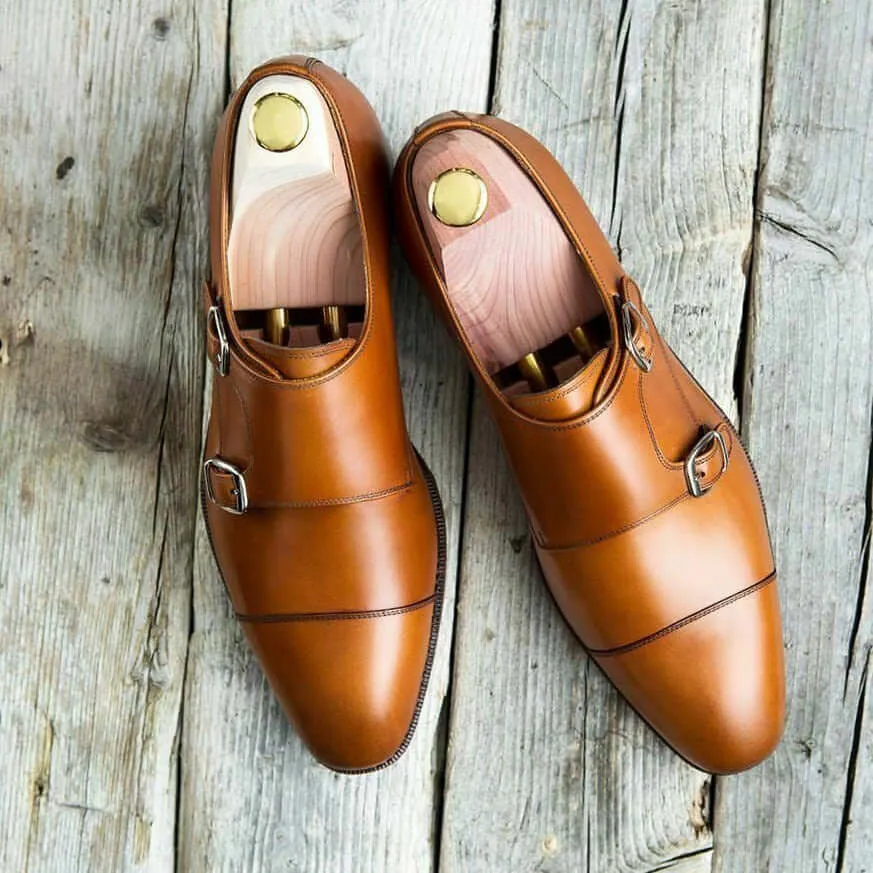 Bespoke Brown Cap Toe Double Monk Strap Shoes for Men's