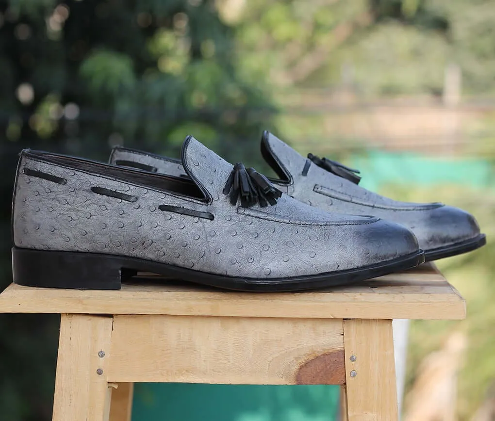 Bespoke Gray Ostrich Leather Tussle Loafer  Shoe for Men