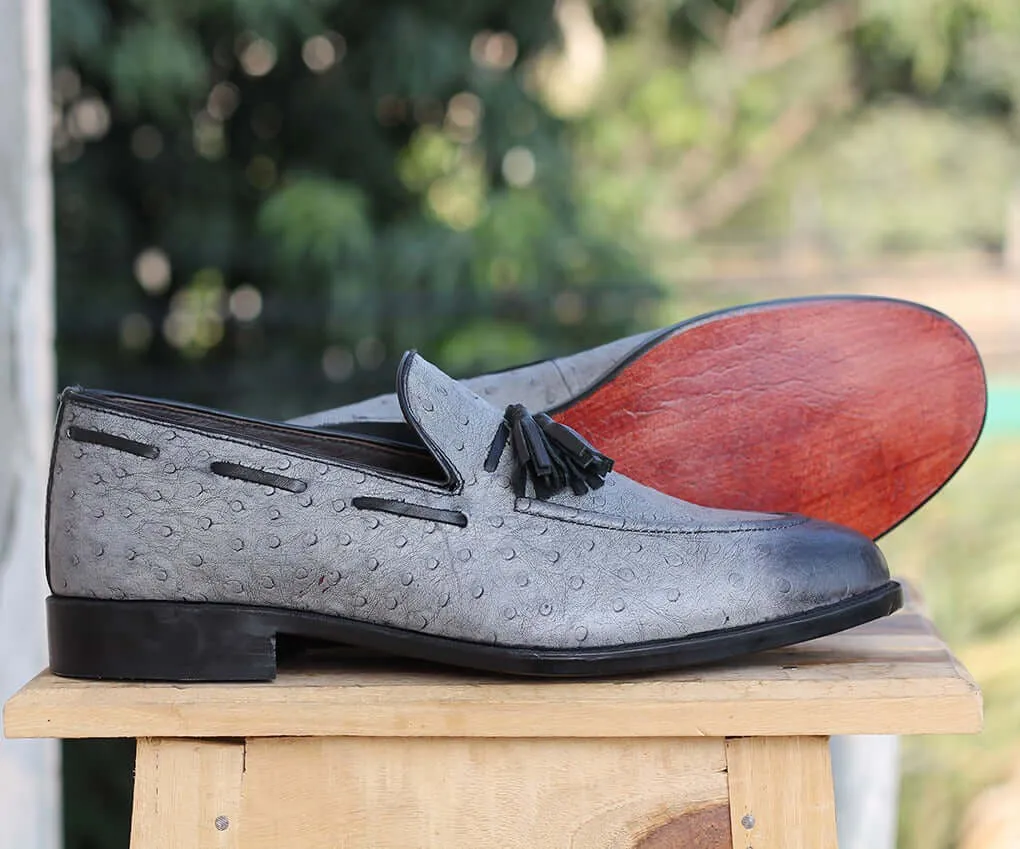 Bespoke Gray Ostrich Leather Tussle Loafer  Shoe for Men