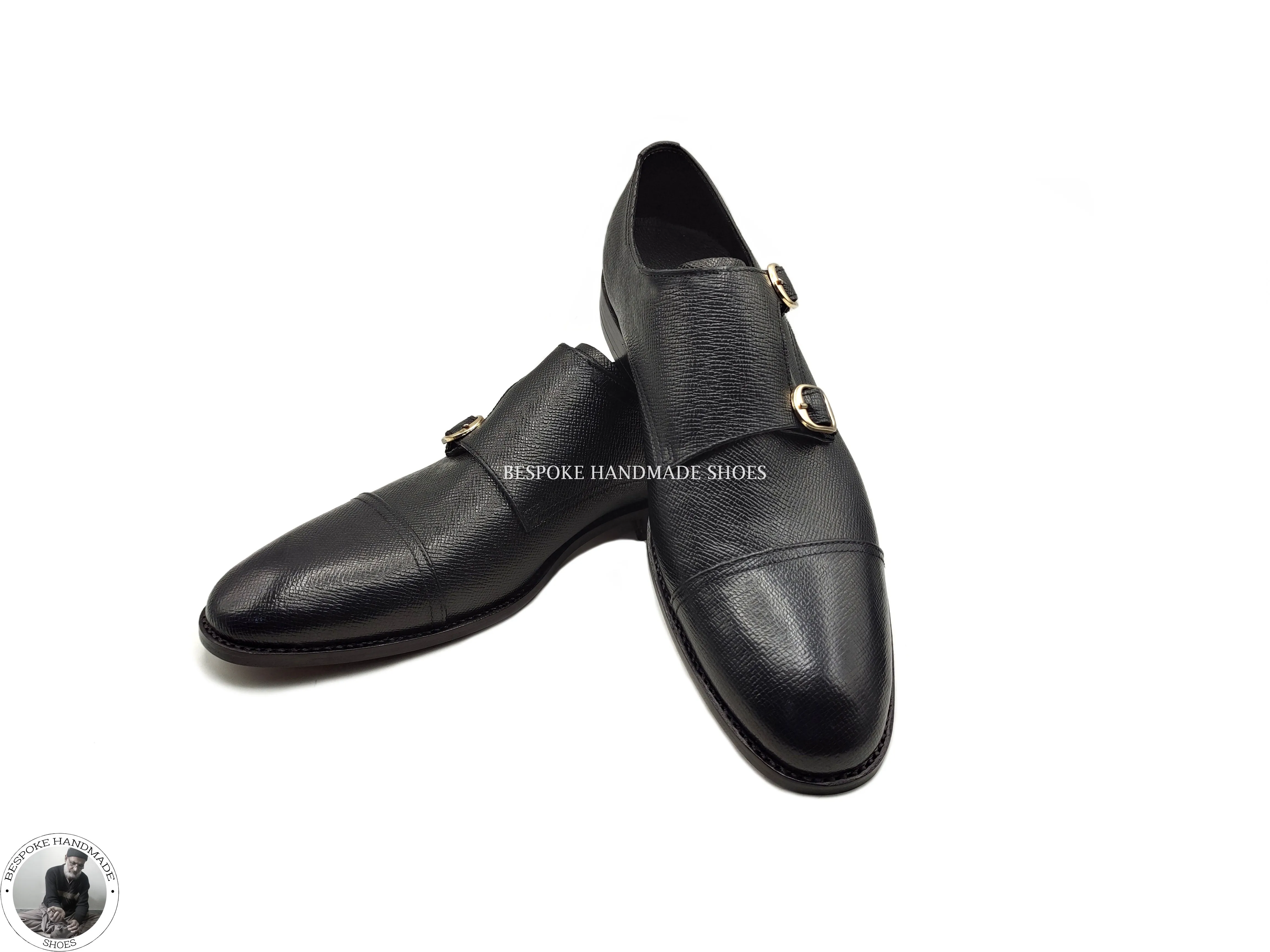 Bespoke Handmade Men's Black Leather Double Monk Strap Loafer Cap Toe Fashion Shoes