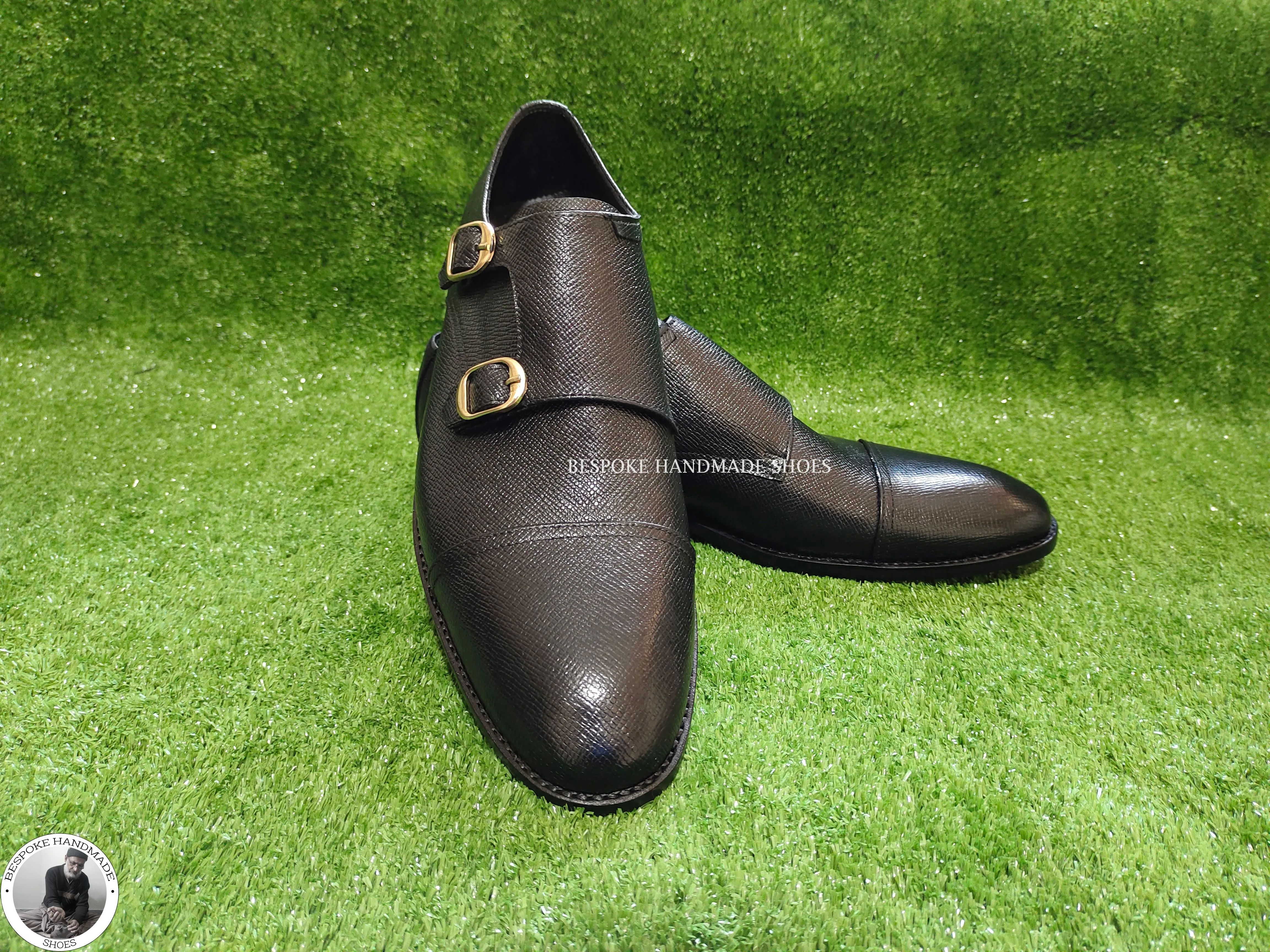 Bespoke Handmade Men's Black Leather Double Monk Strap Loafer Cap Toe Fashion Shoes