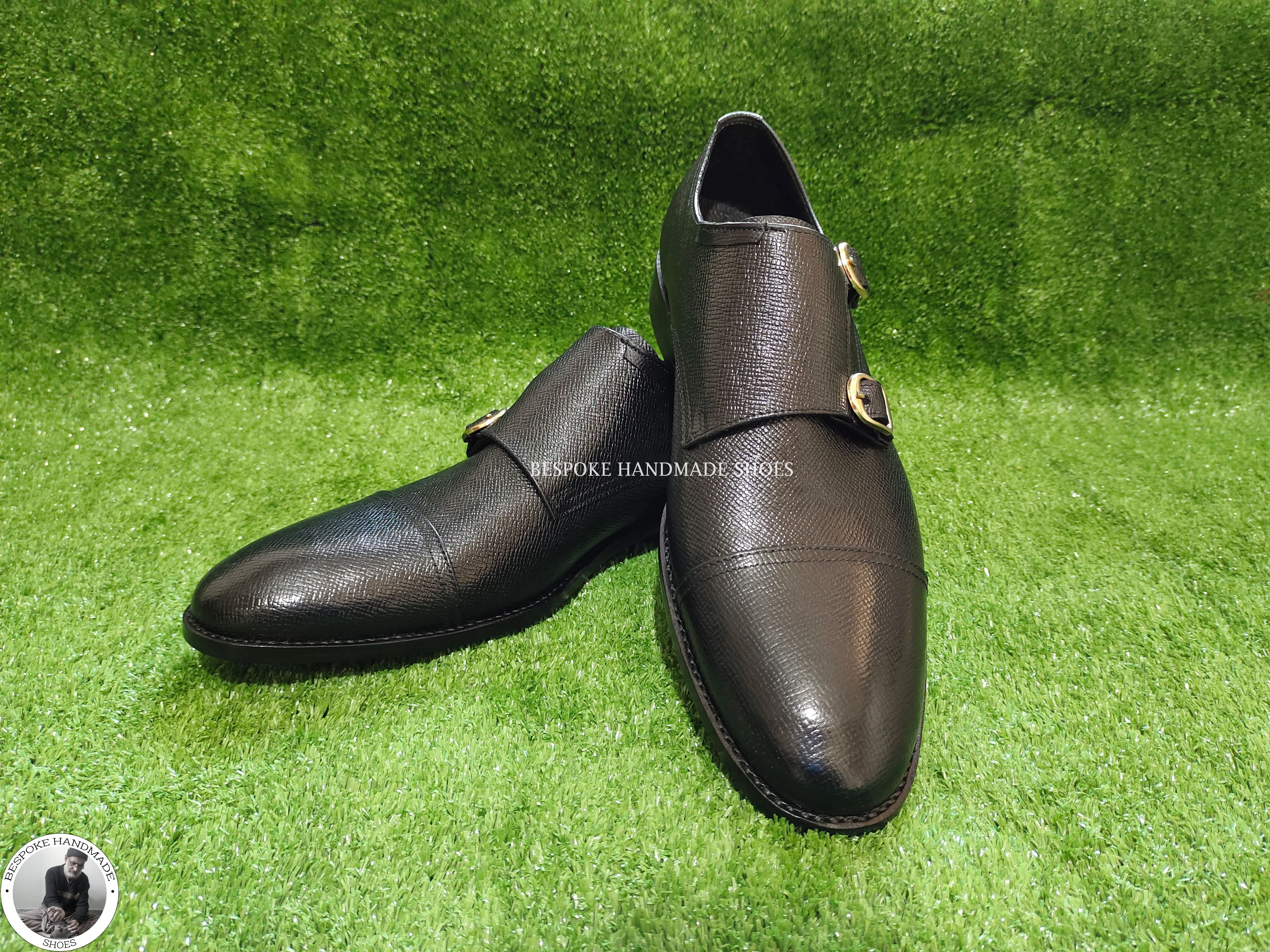 Bespoke Handmade Men's Black Leather Double Monk Strap Loafer Cap Toe Fashion Shoes