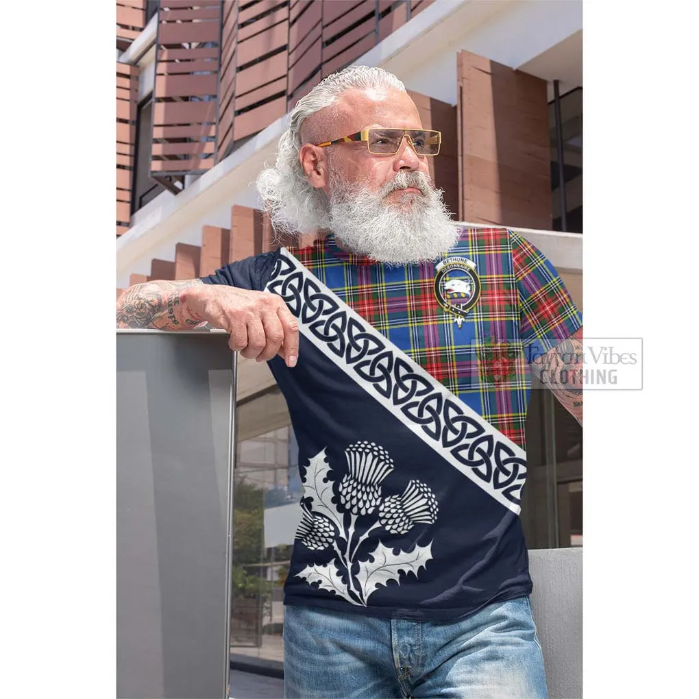 Bethune Tartan Cotton T-shirt Featuring Thistle and Scotland Map