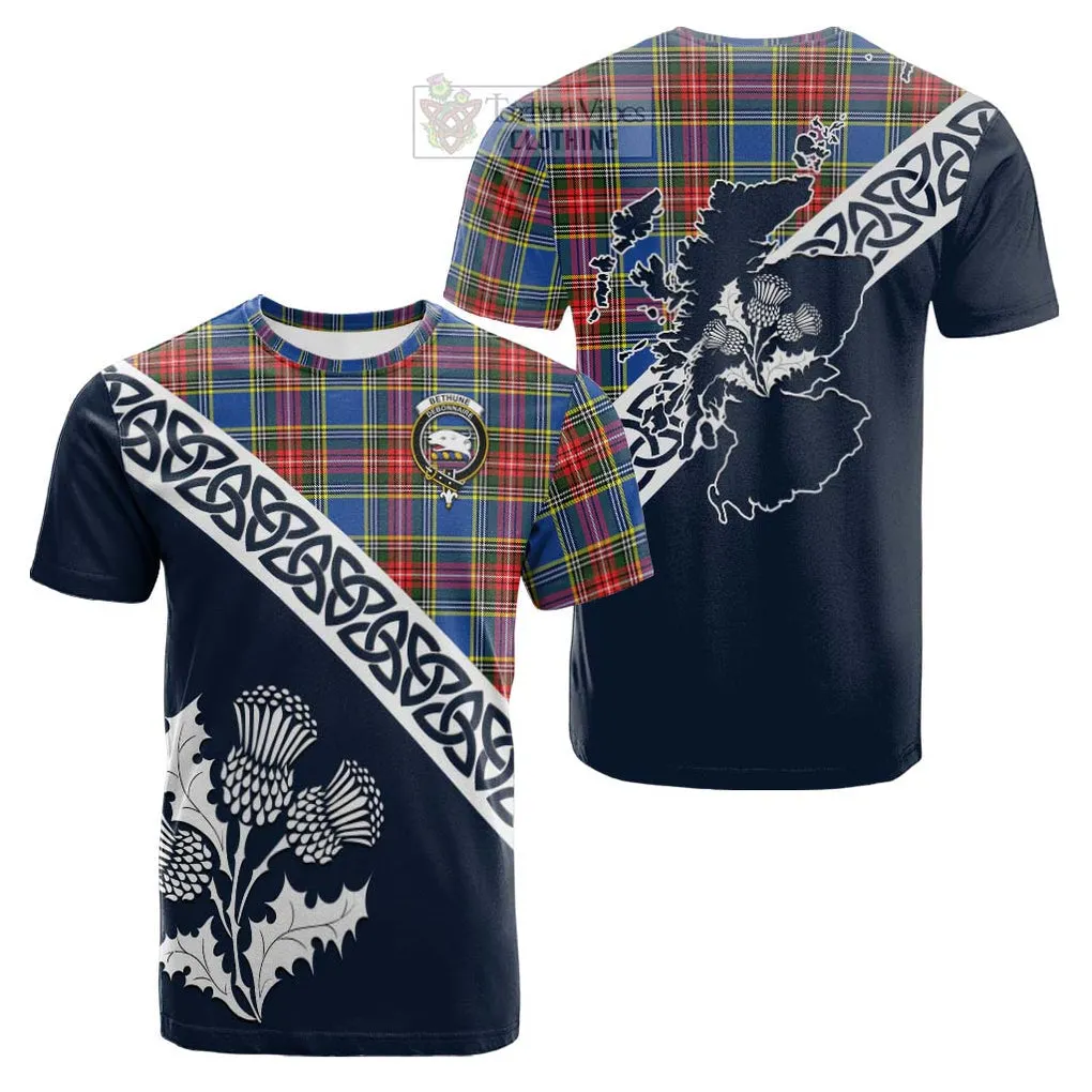 Bethune Tartan Cotton T-shirt Featuring Thistle and Scotland Map