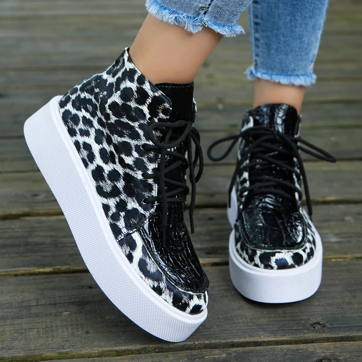 binfenxie  -  PU Leather Leopard Platform Sneakers