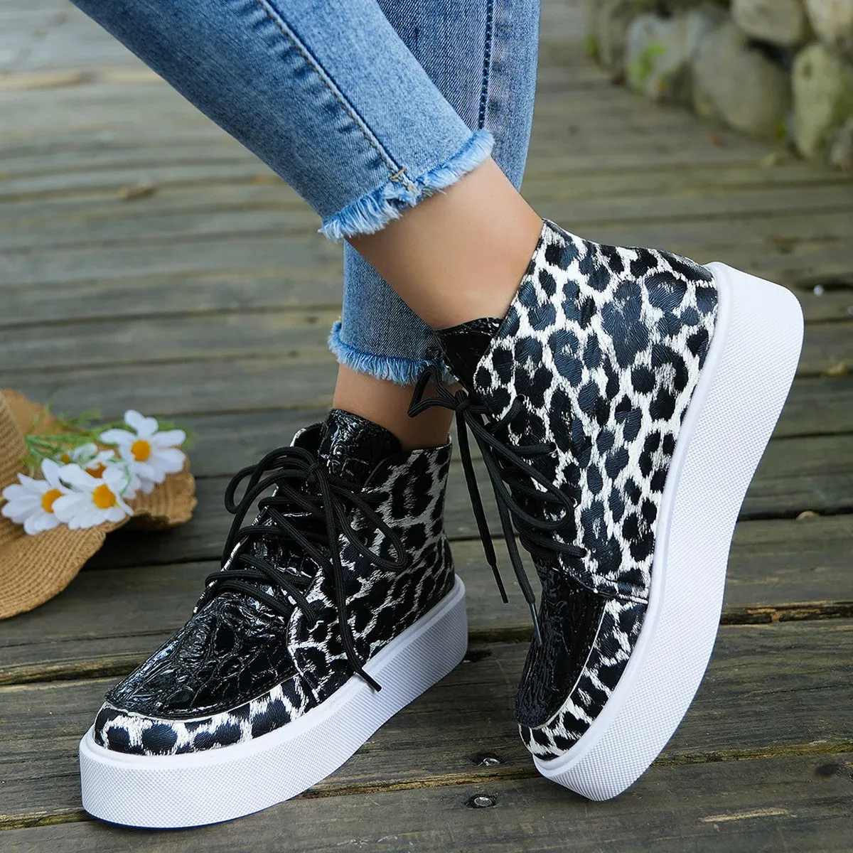 binfenxie  -  PU Leather Leopard Platform Sneakers