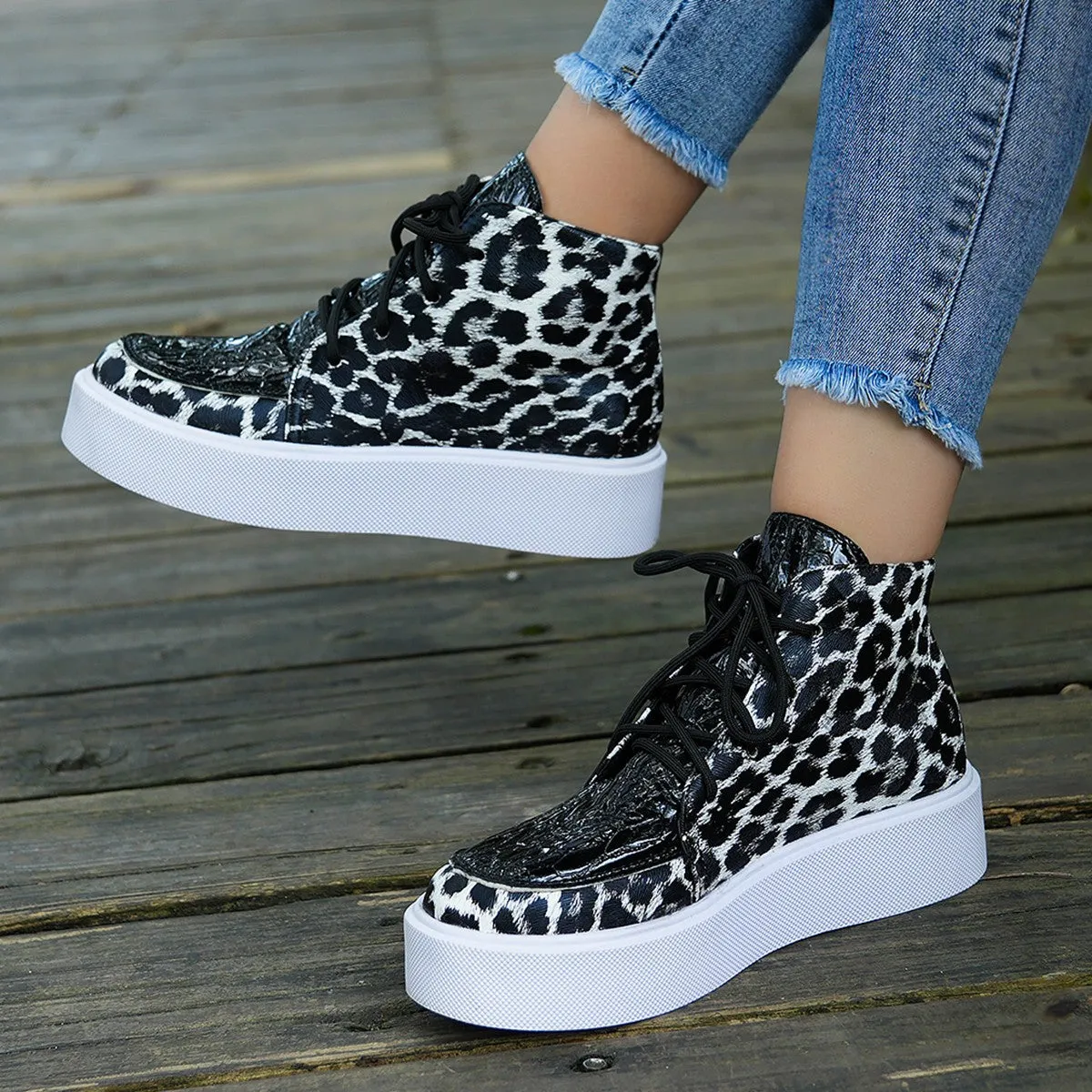 binfenxie  -  PU Leather Leopard Platform Sneakers