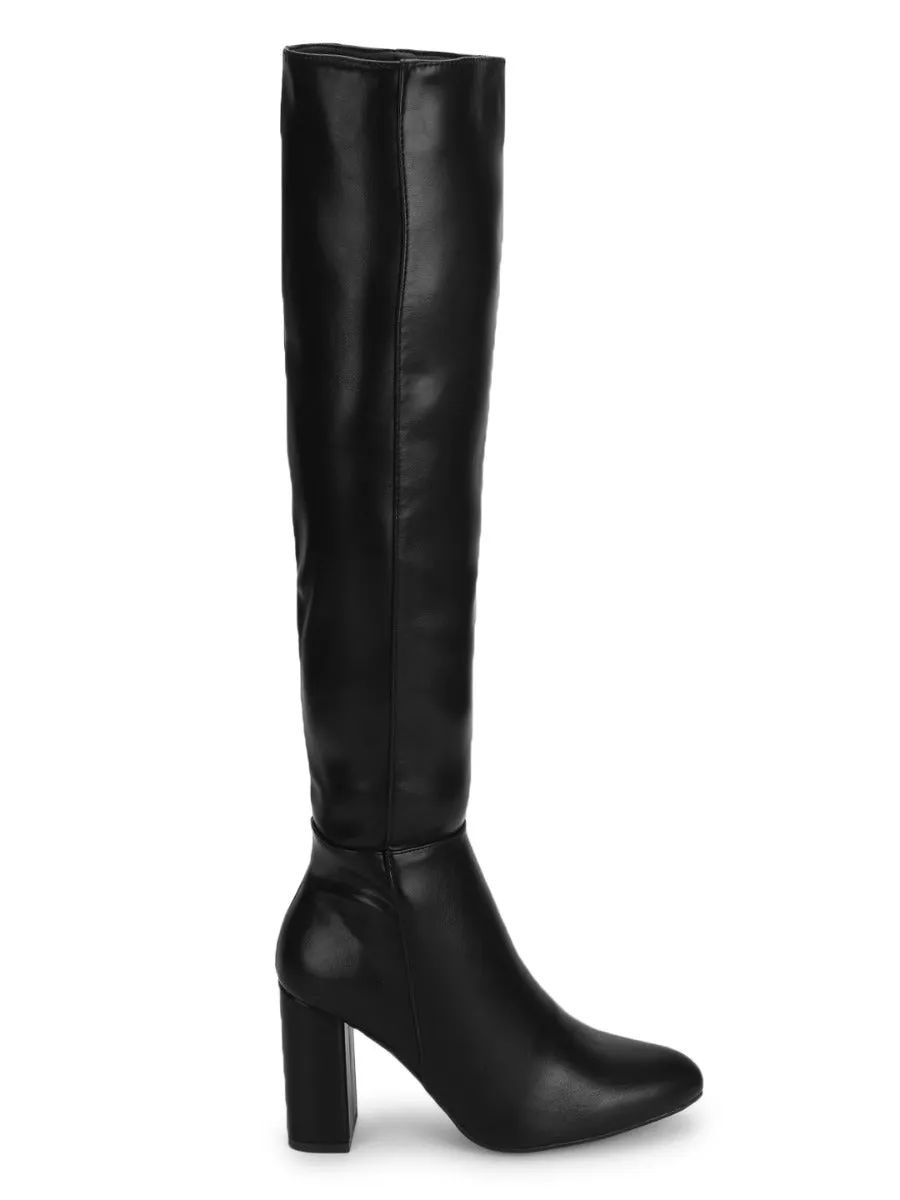 Black PU Block Heel Long Boots