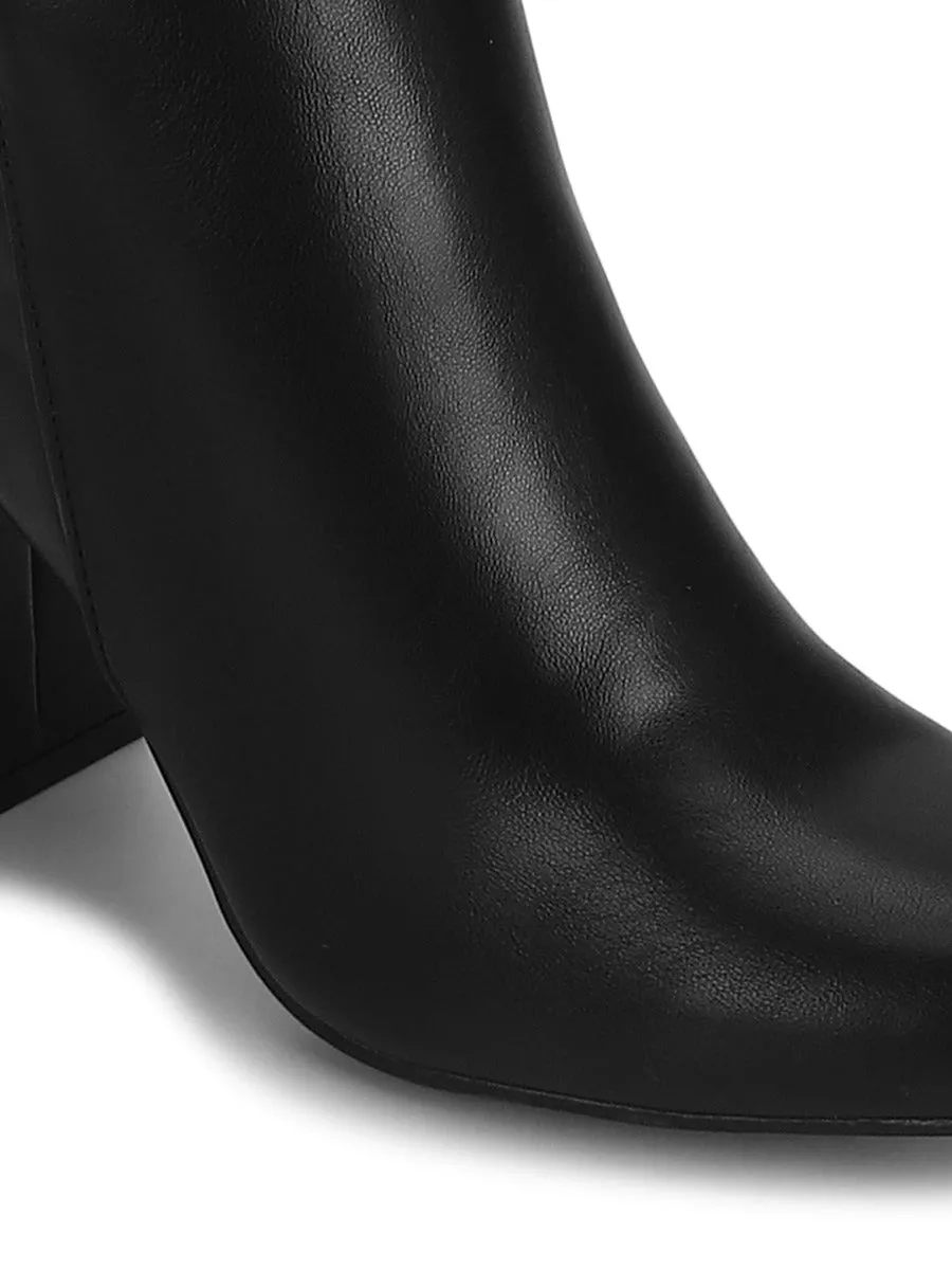 Black PU Block Heel Long Boots