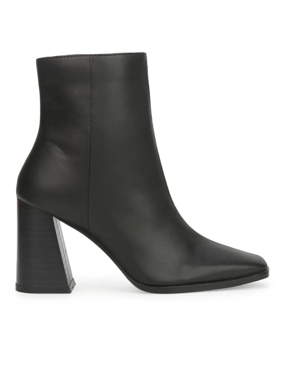 Black PU Side Zip Block Ankle Boots