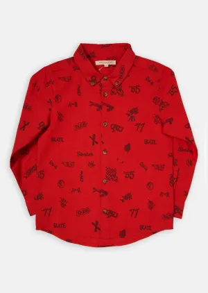 Boys Skater Printed Full Sleeves Cotton Red Smart Shirt