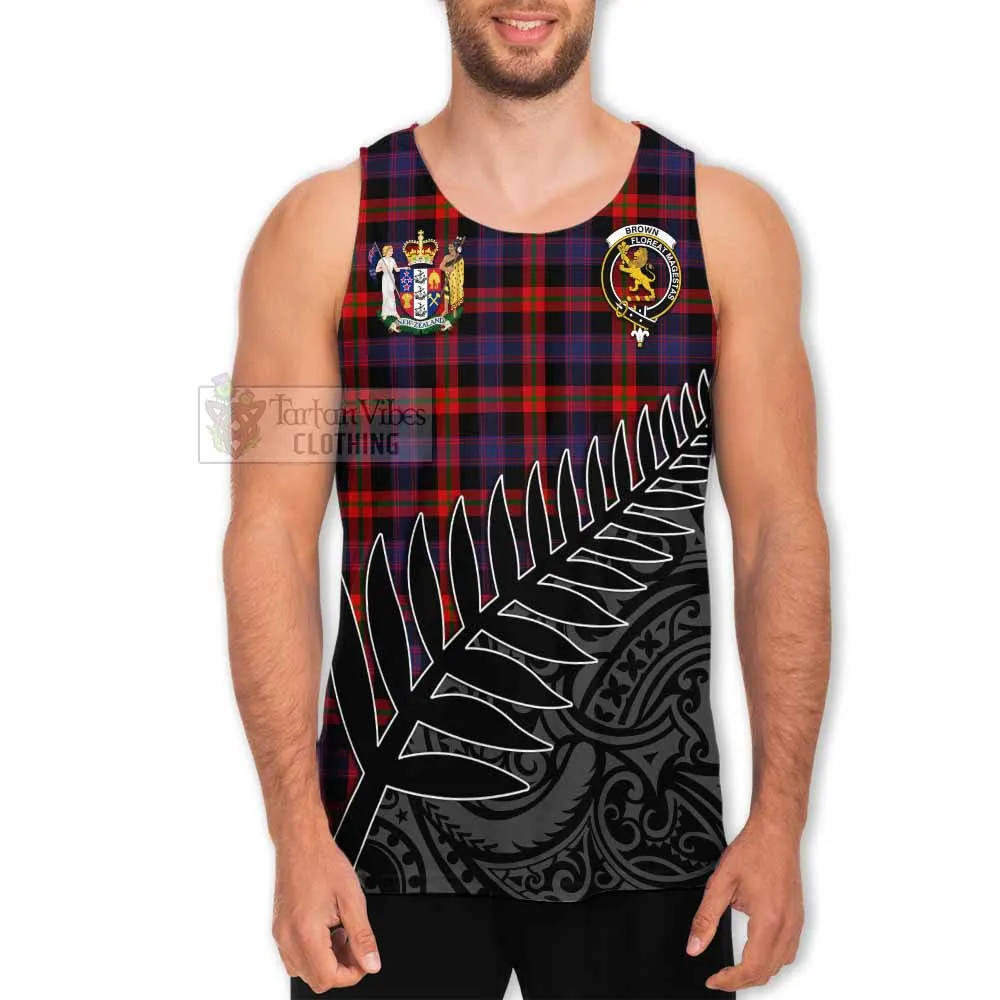 Brown (Broun) Crest Tartan Men's Tank Top with New Zealand Silver Fern Half Style