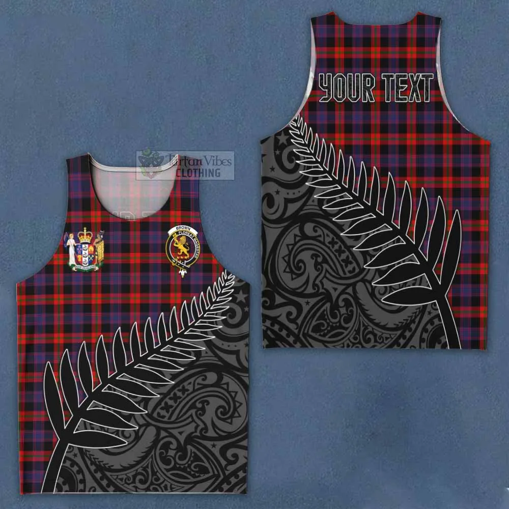 Brown (Broun) Crest Tartan Men's Tank Top with New Zealand Silver Fern Half Style