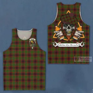 Buchan Tartan Men's Tank Top with Family Crest and Bearded Skull Holding Bottles of Whiskey