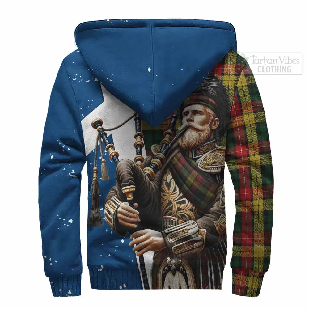 Buchanan Tartan Sherpa Hoodie with Family Crest Scottish Bagpiper Vibes