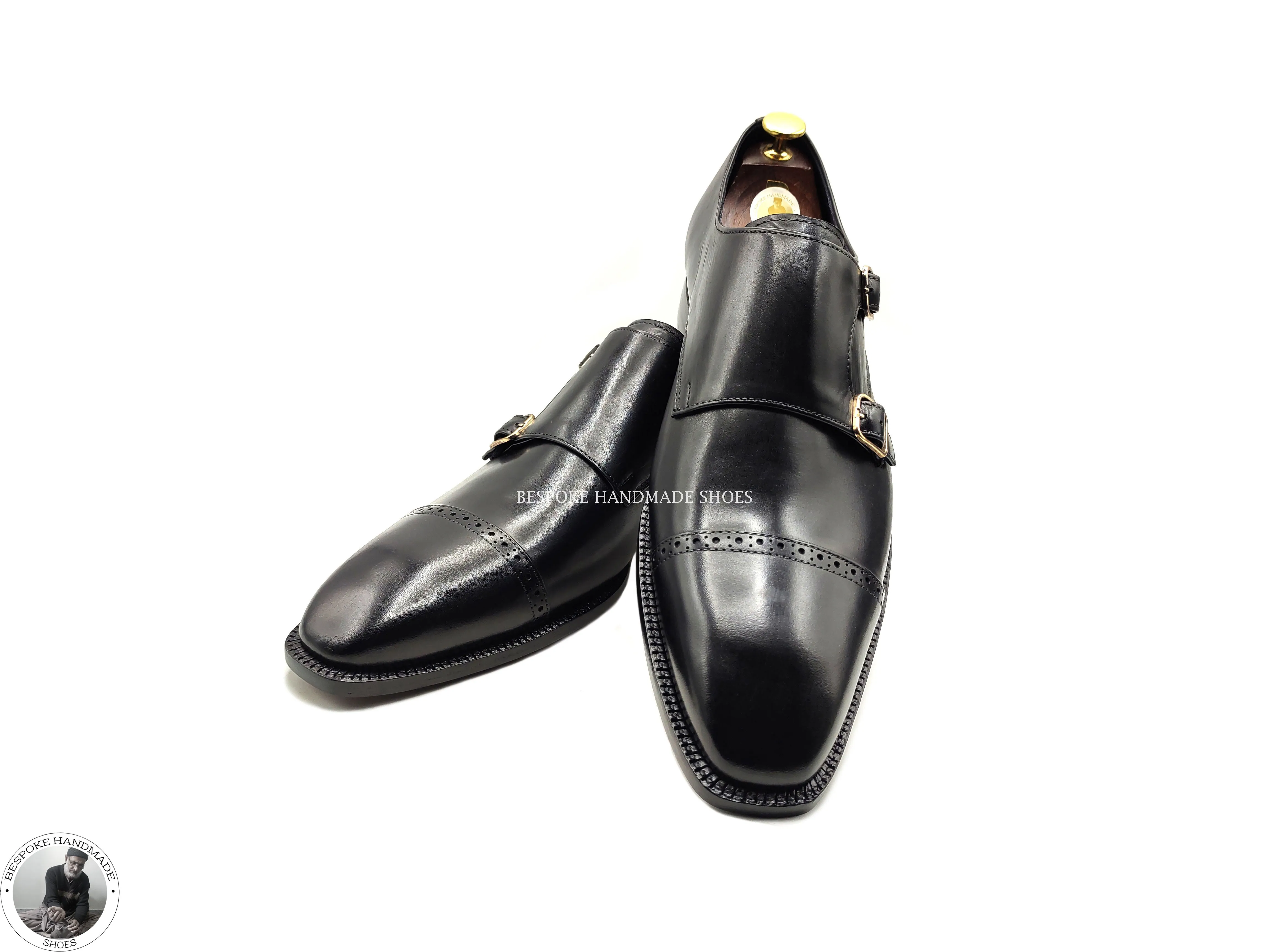 Buy Goodyear Welted Black Leather Shoes, Double Monk Strap Toe Cap Fashion Shoe