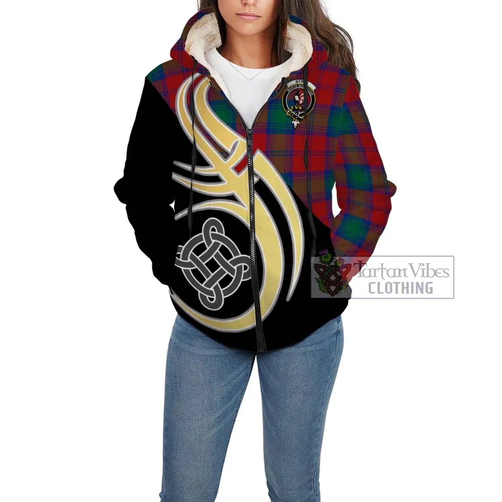 Byres (Byses) Tartan Sherpa Hoodie with Family Crest and Celtic Symbol Style