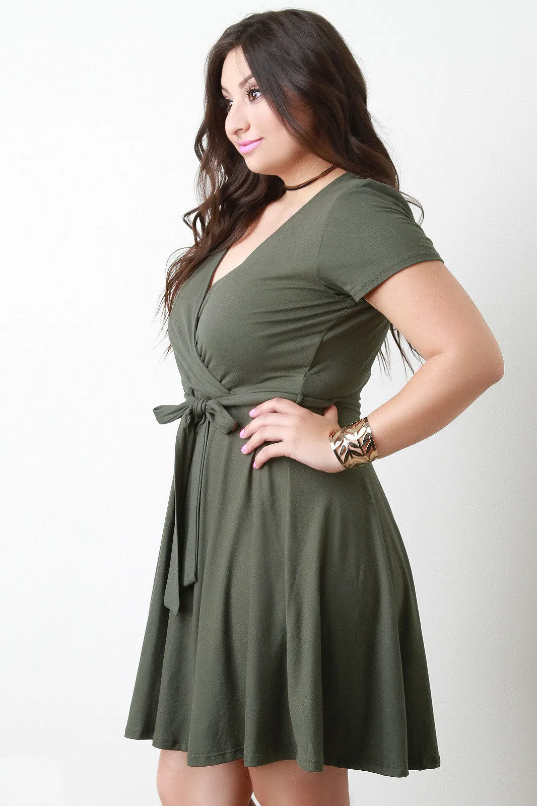 Casual Surplice Shortsleeve Skater Dress