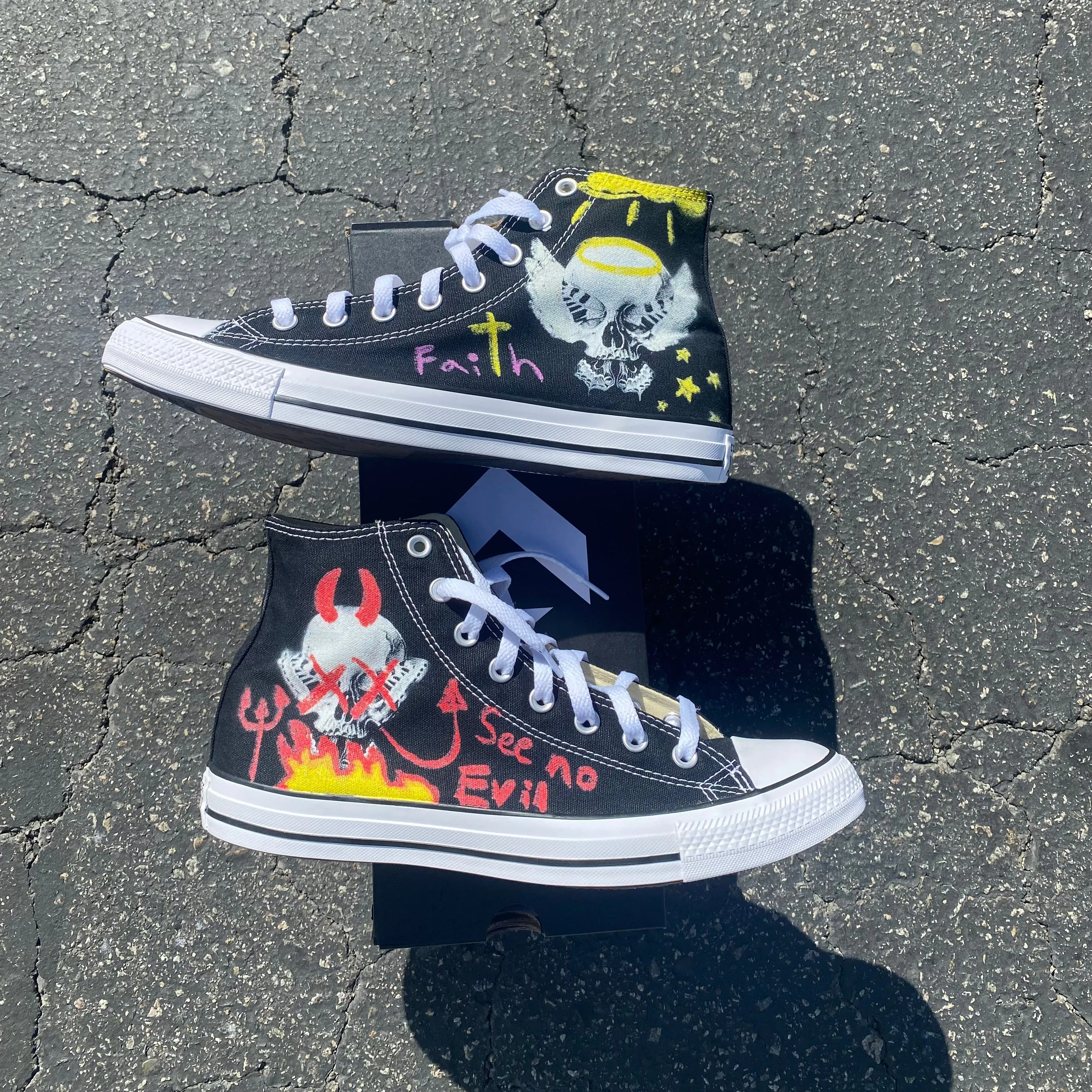 Consequential Clothing x Butterfly Effect Skull Chalk Angel Devil - Custom Converse Shoes