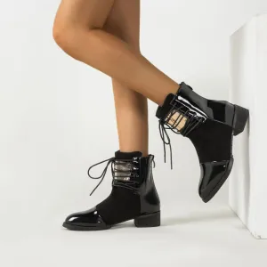 Contrast Panel Metal Trim Lace Up Faux Leather Ankle Boots - Black