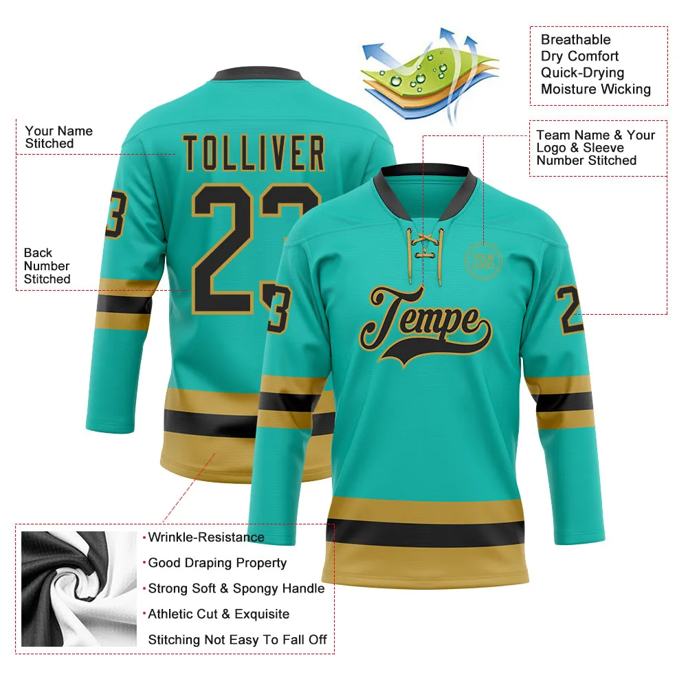 Custom Aqua Black-Old Gold Hockey Lace Neck Jersey