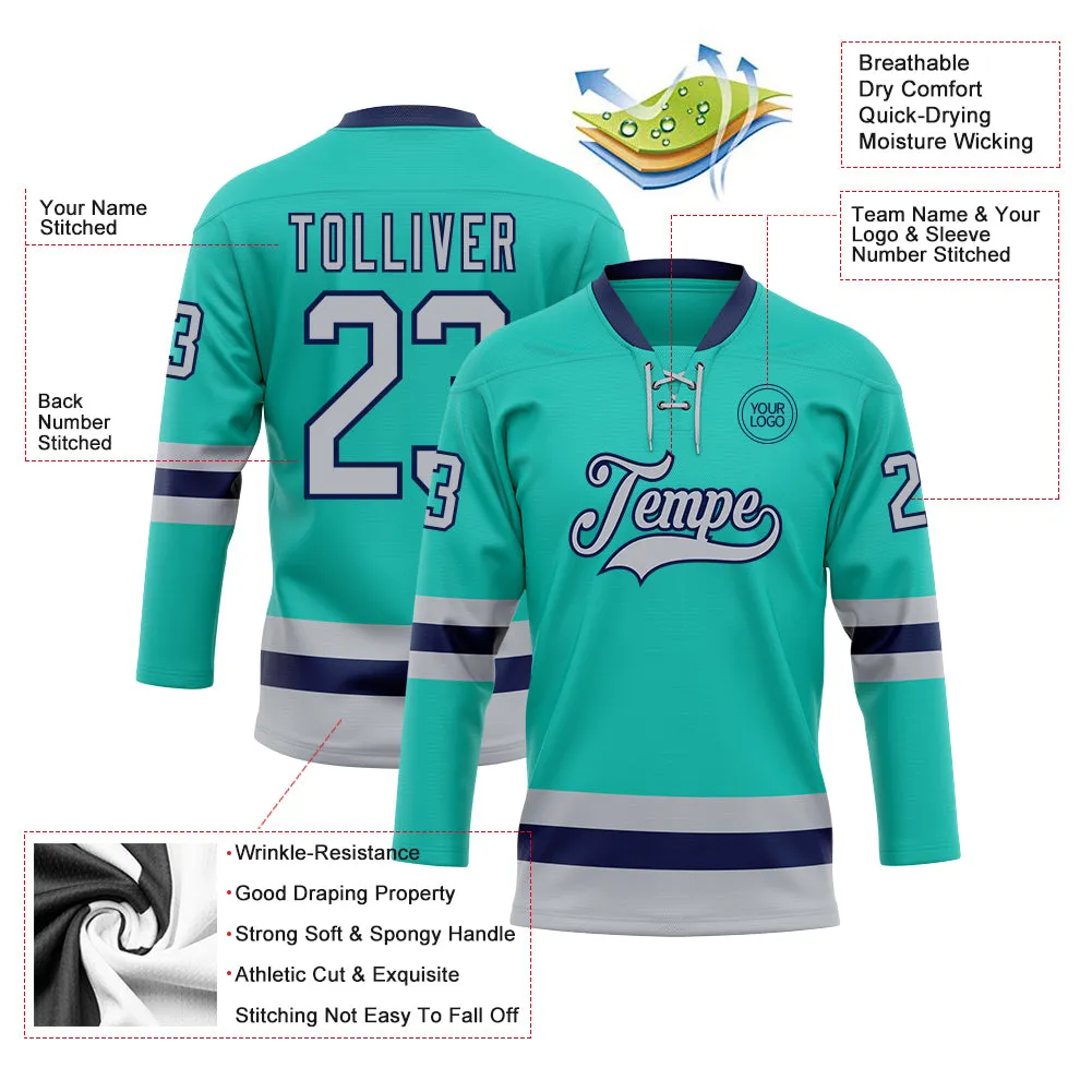 Custom Aqua Gray-Navy Hockey Lace Neck Jersey