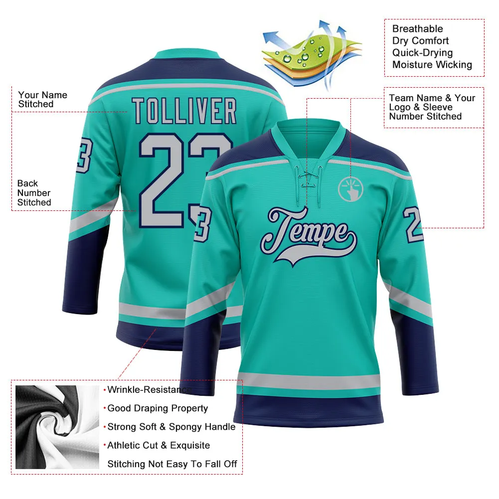 Custom Aqua Gray-Navy Hockey Lace Neck Jersey