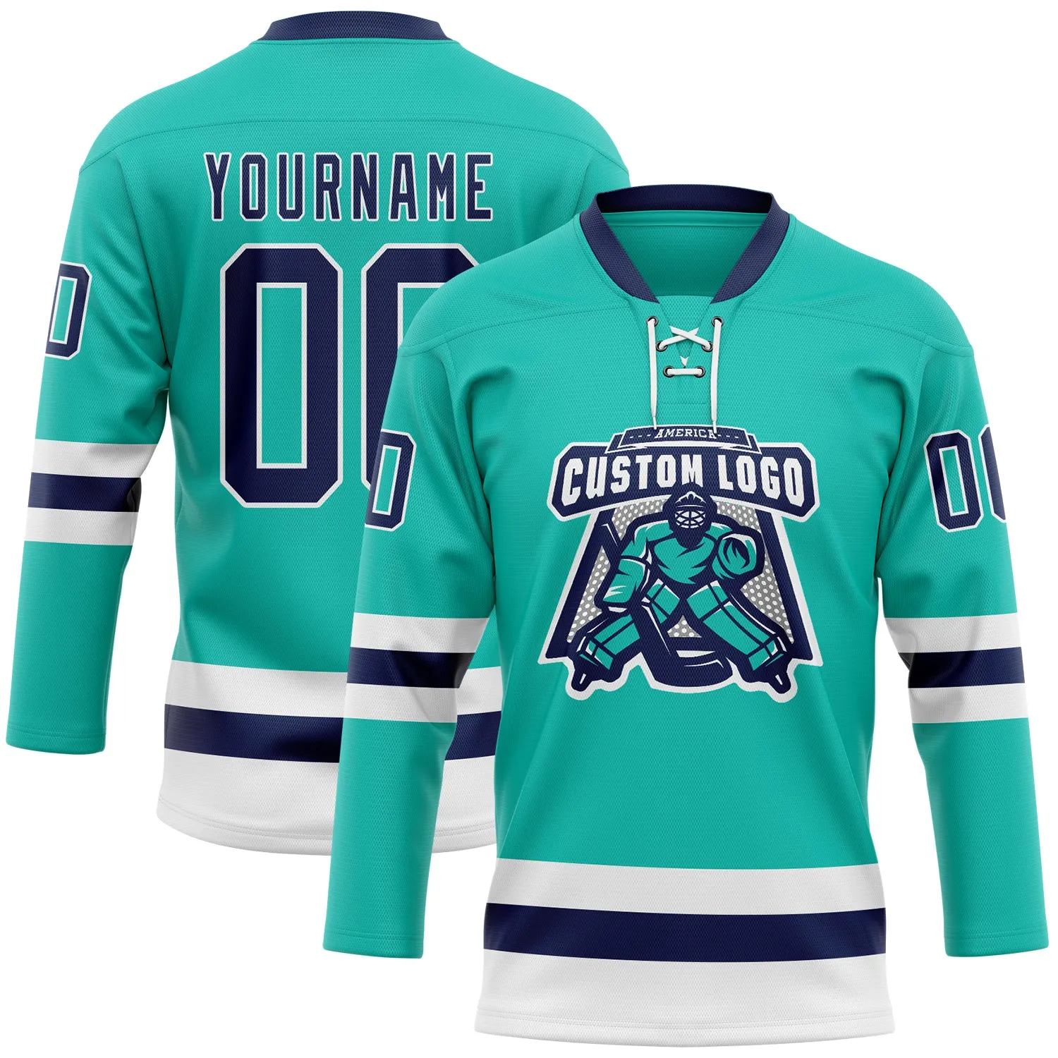 Custom Aqua Navy-White Hockey Lace Neck Jersey