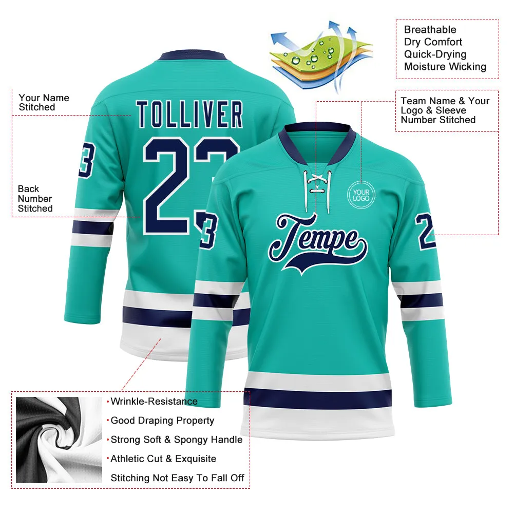 Custom Aqua Navy-White Hockey Lace Neck Jersey